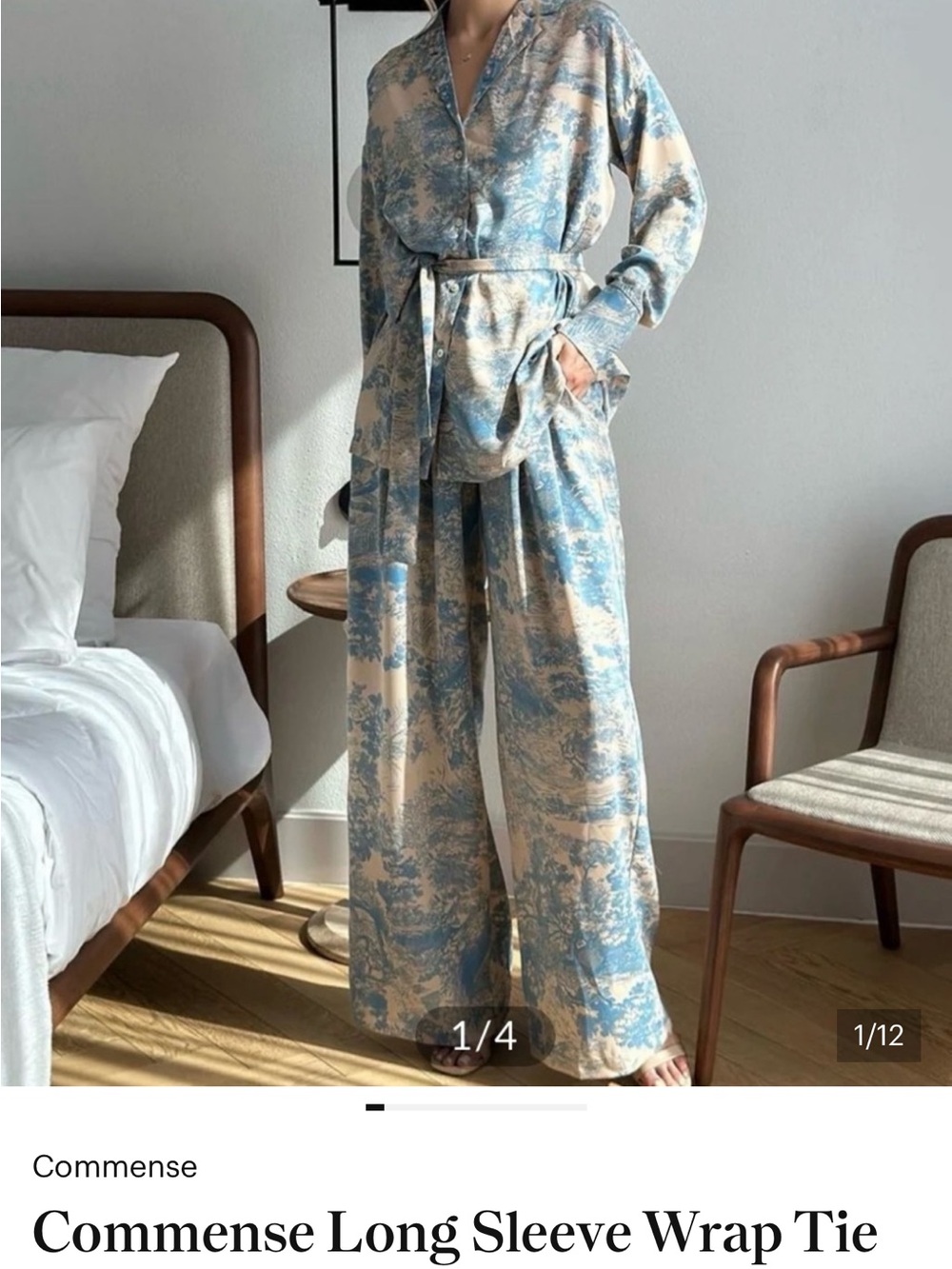 Commense Blue and Cream Wide-Leg Wrap Tie Pants